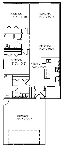 Patio Twin Home: 3 bed, 1 bath floor plan